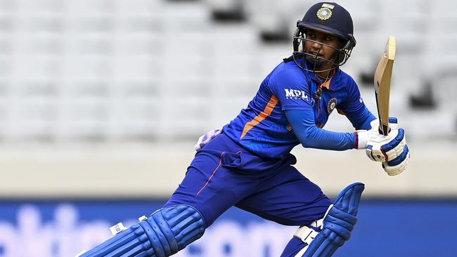 Mithali Raj takes on the Australian bowlers to be India’s highest scorer with 68 runs. Picture: Getty Images