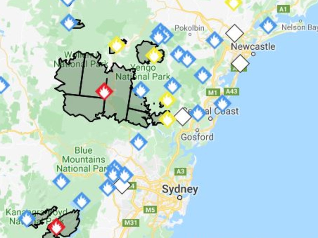 The Gospers Mountain fire, burning north west of Sydney, could merge with those around it. Picture: NSW RFS.