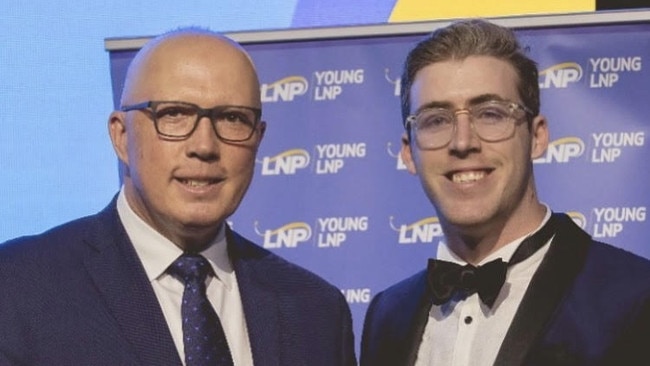 Opposition leader Peter Dutton and incoming federal Young Liberal president Darcy Creighton at the Young LNP Gala Ball in May. Picture: Instagram.