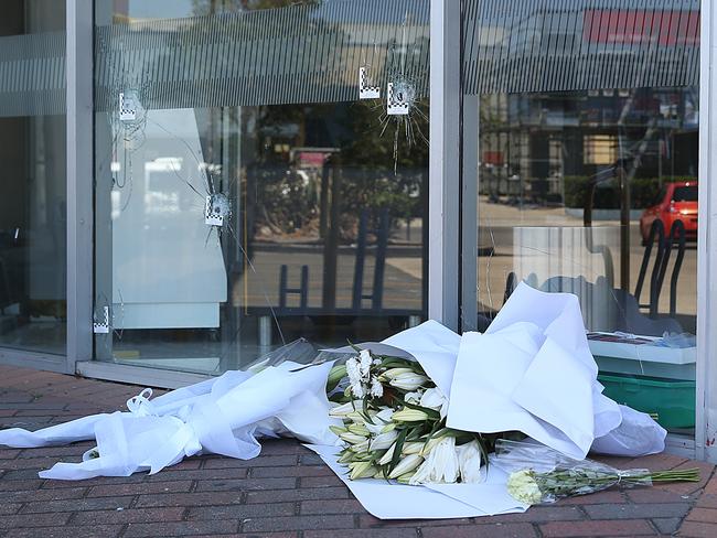 Flowers out the front of Fitness First, Rockdale where Mick Hawi was shot and later died. Picture: NewsCorp