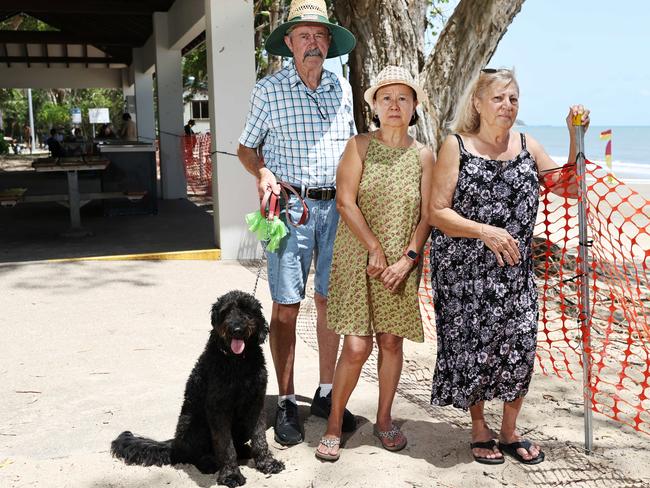 Kewarra Beach residents are frustrated about the lack of action and cooperation between Cairns Regional Council and the Queensland Government on the erosion to the beach front following Cyclone Jasper and the subsequent flood in December last year. Kewarra Beach residents Denis Donaghy, Jessie Lim and Nuffy Stirzaker are concerned that the beach will suffer from more dangerous erosion as soon as it rains. Picture: Brendan Radke