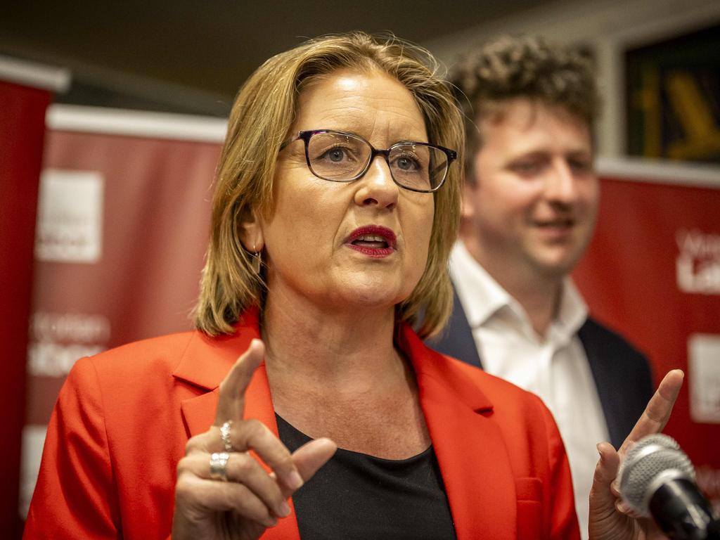 Premier Jacinta Allan and John Lister speak to supporters. Picture: Jake Nowakowski