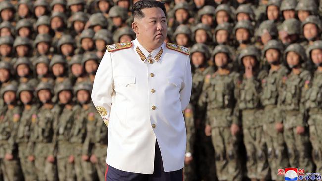 Kim Jong-un reviews a parade to mark the 90th founding anniversary of the Korean People's Revolutionary Army. Picture: KCNA via AFP