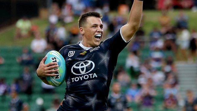 Scott Drinkwater of the Cowboys runs in to score a try during the semi finals of the NRL Nines 2020 tournament at HBF Park in Perth, Saturday, February 15, 2020. (AAP Image/Richard Wainwright) NO ARCHIVING, EDITORIAL USE ONLY