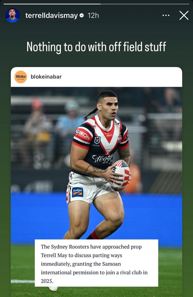 Sydney Roosters forward Terrell May's Instagram story.