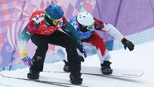 Alex Pullin (left) in action for Australia in the snowboard cross.