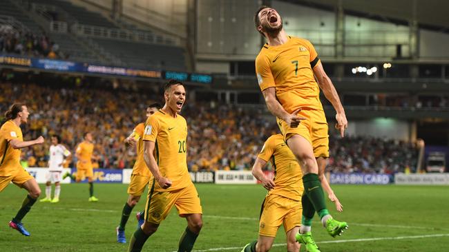 Australia's Mathew Leckie celebrates his goal.