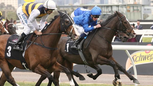 Emirates Stakes Day Race 3 Queen Elizabeth Stakes 2600 metres won No 1 Francis of Assisi (in blue) just after the start of the race ridden by William Buick trained by Charlie Appleby Picture: Wayne Ludbey