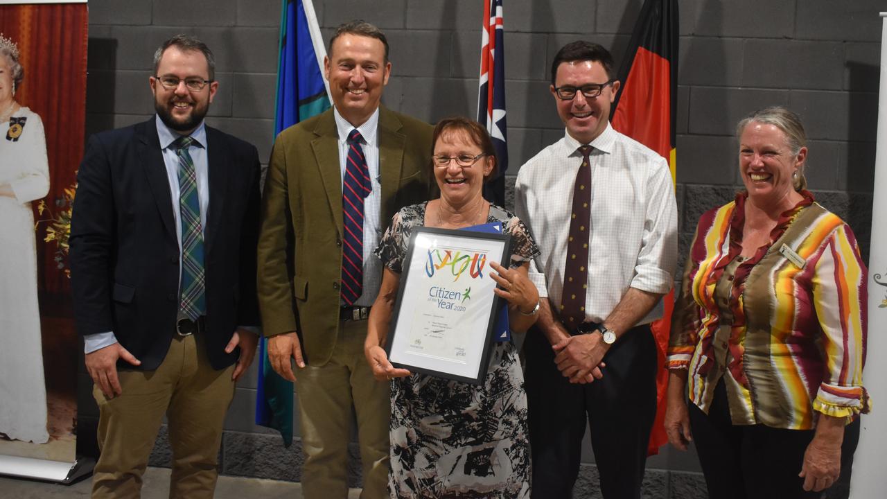 Donna Sutton celebrates receiving the Citizen of the Year award with Councillor Cameron O'Neil, Mayor Tyson Golder, David Littleproud MP, and Councillor Jan Chambers.