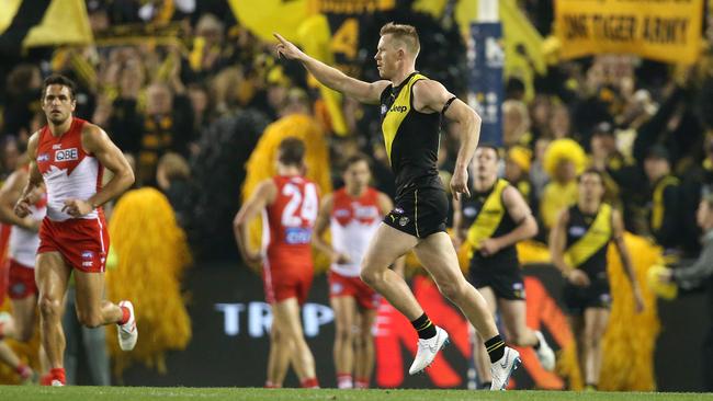 Jack Riewoldt celebrates a goal. Picture: Michael Klein