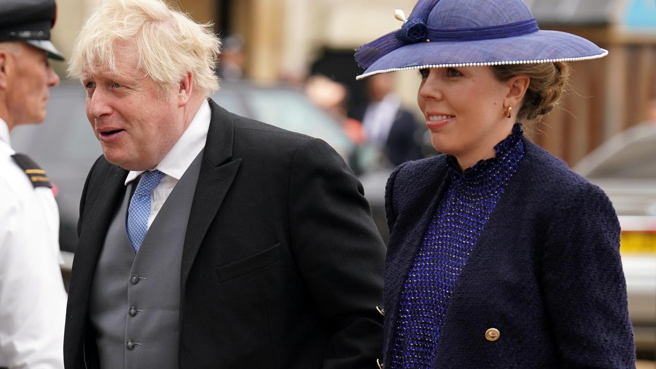 Boris Johnson and Carrie Johnson arrive at the Coronation of King Charles III and Queen Camilla on May 6, 2023. (Photo by Andrew Milligan – WPA Pool/Getty Images)