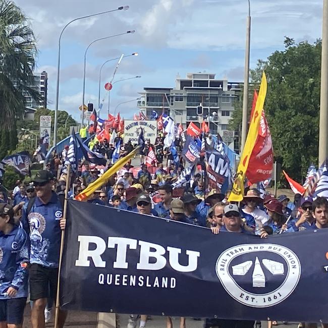 Hundreds gathered in Gladstone to celebrate Labour Day (May Day), unions marched through the CBD, lead by the RTBU, in solidarity with workers rights. Picture: Nilsson Jones