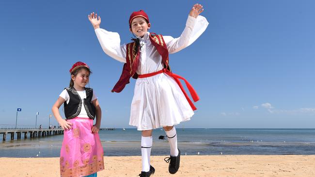 Frankston Greek School dancers Maria Goudas, 7, and her brother John, 9. Picture: Jason Sammon