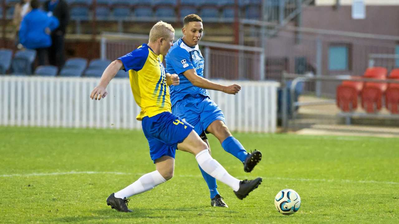 ON TARGET: Travis Cooper opens the scoring for South West Queensland Thunder against Brisbane Strikers in their NPL Queensland clash at Toowoomba&#39;s Clive Berghofer Stadium. Picture: Kevin Farmer