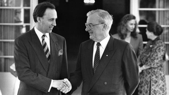 Governor-General Bill Hayden swearing in Paul Keating as Prime Minister. Picture: Anthony Weate/Newspix