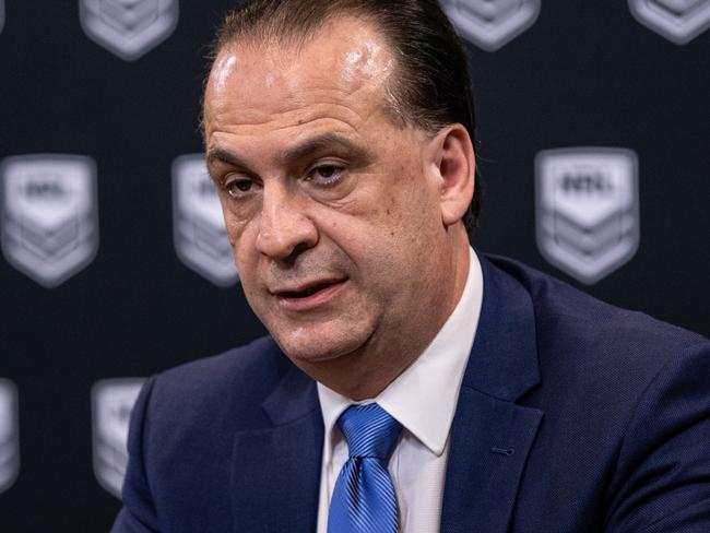 Australian Rugby League Commission Chairman Peter Vlandys speaks to media during a press conference at Rugby League Central in Sydney, Monday, March 23, 2020. (AAP Image/James Gourley) NO ARCHIVING