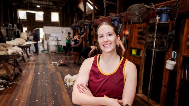 Trainee shearer Erin Twigg at Mount Hesse, Ombersley, west of Geelong. Pictures: Nicole Cleary