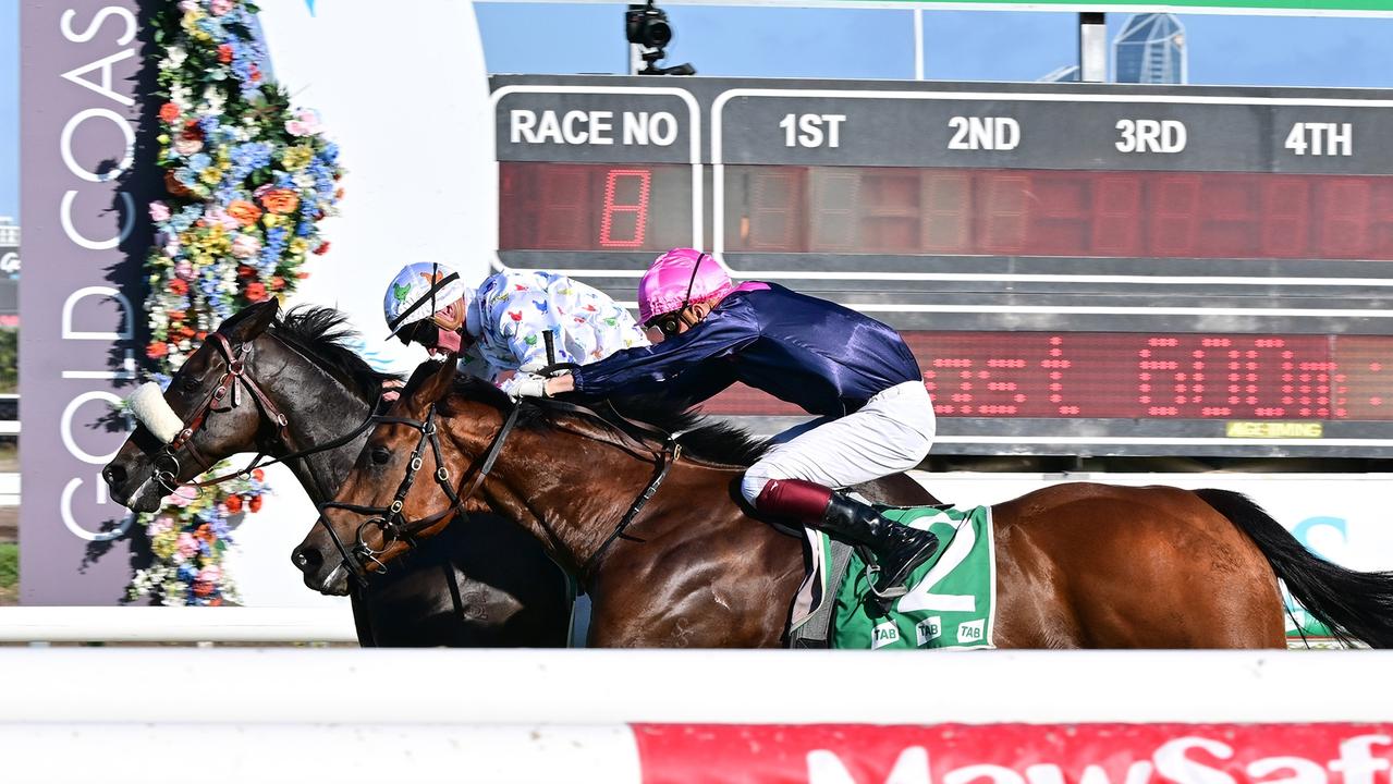 Supplied Editorial Emerald Kingdom (inside) holds on to win the Listed Recognition
  Stakes over Holyfield at the Gold Coast. Picture: Grant Peters - Trackside Photography.