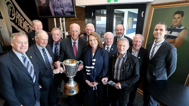 Polly Farmer's teammates from the 1963 Grand Final win. Alister Lord, Ian Scott, Stuart Lord, John Yates, Fred Wooller, Polly's Daughter Kim Farmer, John Sharrock, Doug Wade, Gordon Hynes, Billy Goggin and Polly's grand son Cole Baxter. Picture: Mike Dugdale