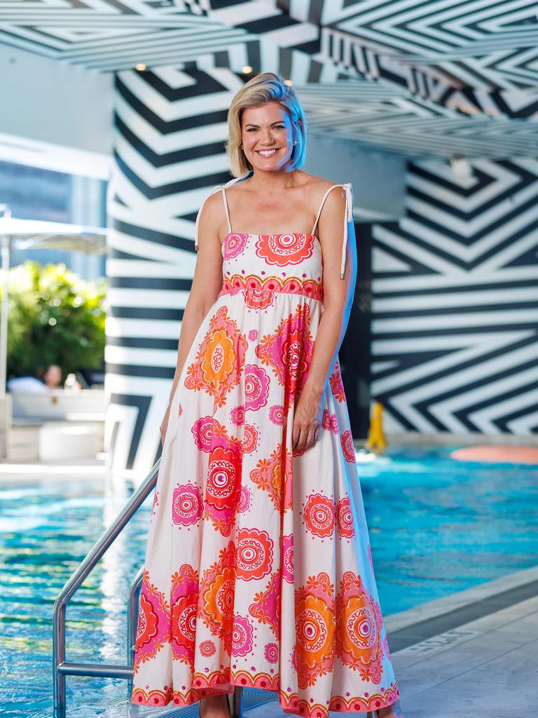 Sarah Harris pictured at the W Hotel, Brisbane 27th August 2024. Sarah is wearing Kristian Williams. (Image/Josh Woning)