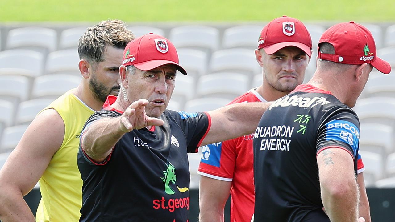 WEEKEND TELEGRAPH 1ST DECEMBER 2023 Pictured at Netstrata Jubilee Stadium in Kogarah is St George NRL head coach Shane Flanagan with players Jack Bird and Kyle Flanagan at a training session ahead of the 2024 NRL season. Picture: Richard Dobson