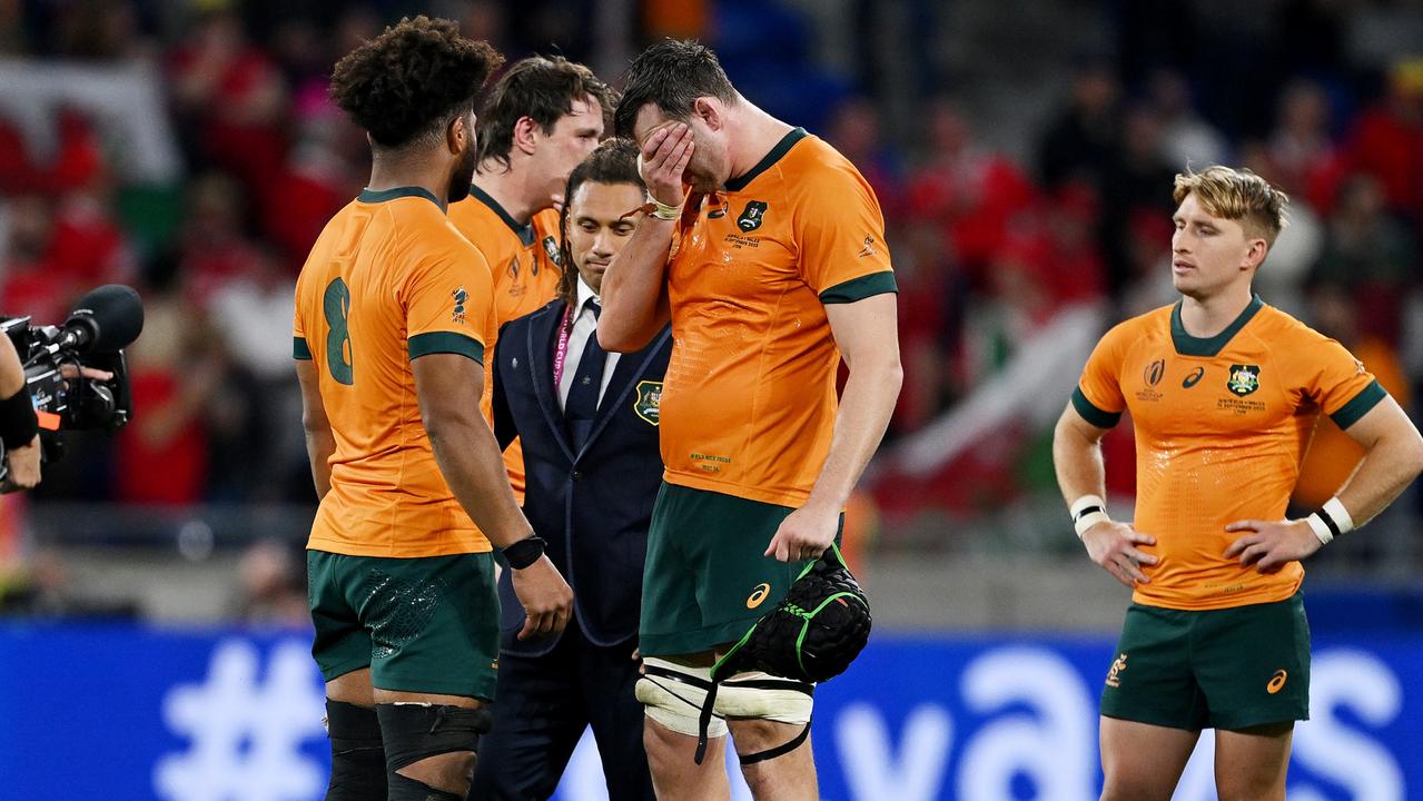 Stunned Wallabies in the wake of defeat to Wales. Picture: Hannah Peters/Getty Images
