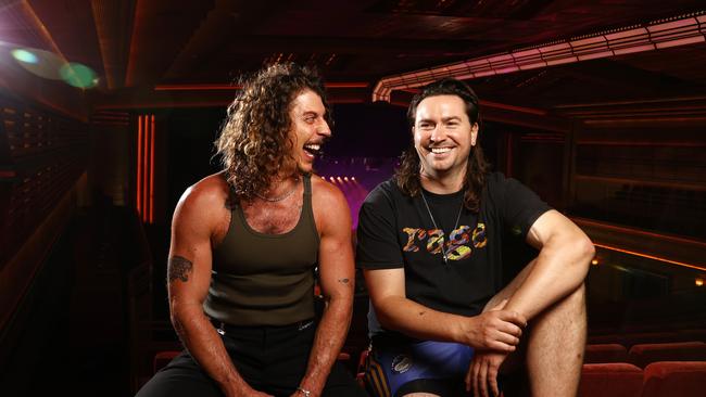 Peking Duk band members Adam Hyde and Reuben Styles ahead of their show at the Enmore Theatre, part of their first Australian tour in four years. Picture: Jonathan Ng.