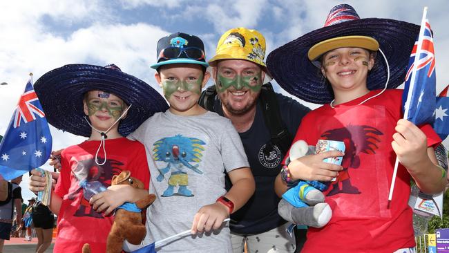 Faces of the Commonwealth Games, fans at the Athletics at Carrara. Olicer O'Connor 8, Luca McPherson 9, Kym McPherson and Saoirse O'Connor 9 from Lennox Heads. Picture Glenn Hampson