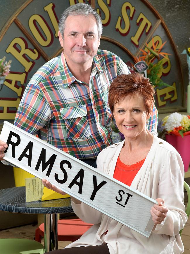 Neighbours stars Alan Fletcher and Jackie Woodburne.