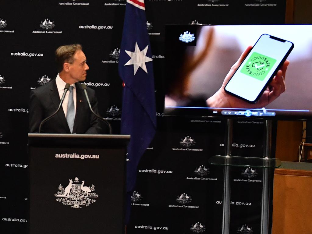 Minister for Health Greg Hunt unveils the COVIDSafe app. Picture: Mick Tsikas/AAP