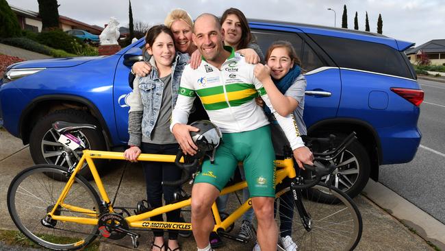 Kieran Modra with his wife, Kerry, and daughters Makala, Holly and Janae. Picture: Mark Brake.