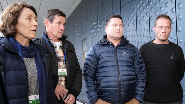 Australian family members of MH17 victims, from left, Meryn O’Brien, Jon O’Brien, Matthew Horder and Paul Guard outside the court in Schiphol. Picture: Jacquelin Magnay