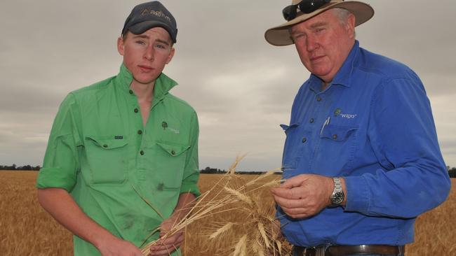 Yields down: Son and father John and Conor Minogue on their property near Barmedman in the northern NSW Riverina where they finished harvest before they would traditionally have started. Picture: James Wagstaff