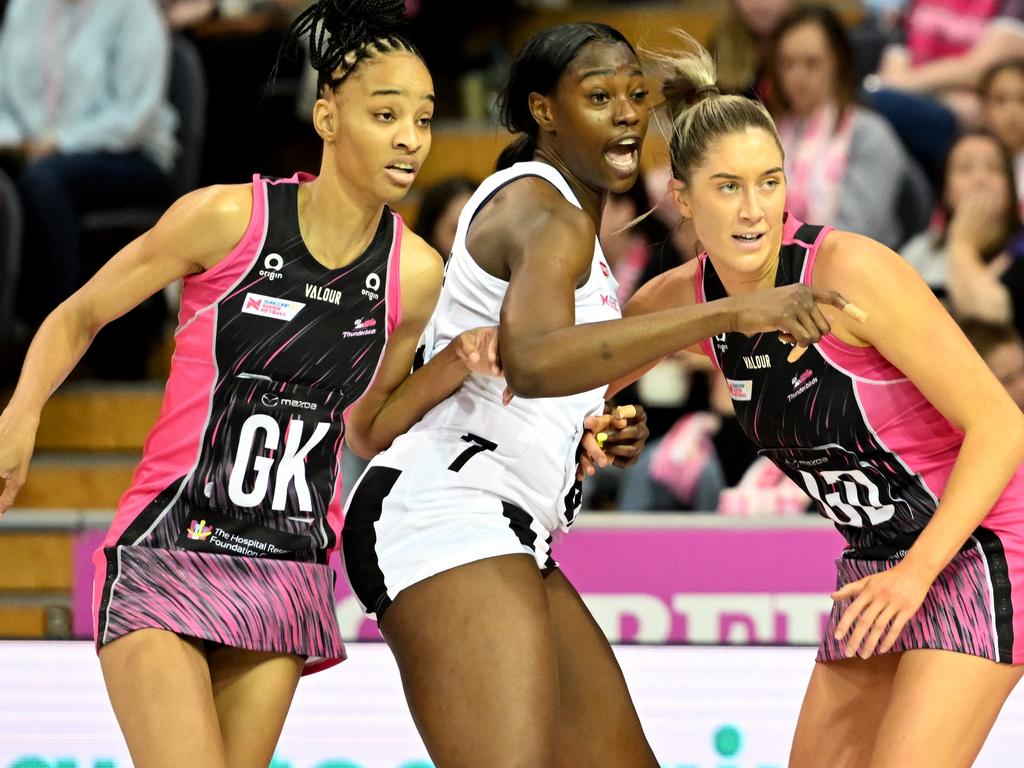 Shamera Sterling and Matilda Garrett made life difficult for Shimona Nelson and the Magpies. Picture: Sue McKay/Getty Images