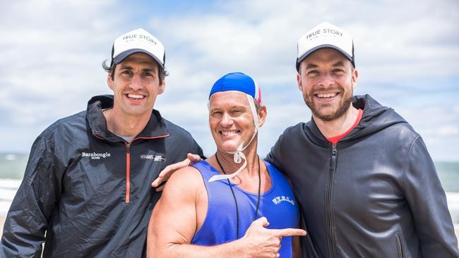 Andy Lee and Hamish Blake with Craig McLachlan during filming of <i>True Story</i>.