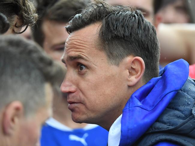 South Croydon coach Luke McCormick in the huddle. Picture: James Ross/AAP