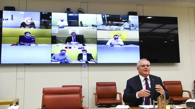 Scott Morrison holds a virtual national cabinet meeting with premiers and chief ministers in Canberra on Thursday. Picture: AAP