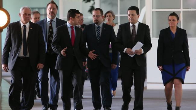 The Coalition of the outsiders is growing, with Senator John Madigan, Greens Senator Peter Whish-Wilson, Labor Senator Sam Dastyari, Australian Motoring Enthusiast Party Senator Ricky Muir, Independent Senator Nick Xenophon and Palmer United Party Senator Jacqui Lambie voting down government legislation today.