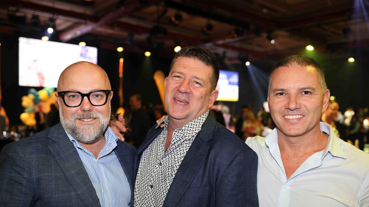 Steve Kelk, Michael McNab and Andrew Hay at the Ray White Surfers Paradise Business Meets Sport lunch 2024 for Gold Coast at Large. Picture, Portia Large.