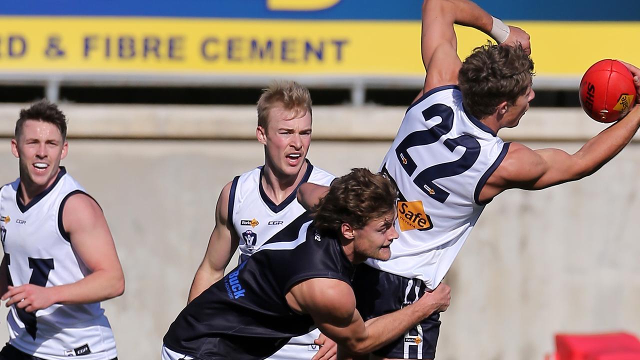 Vic Country’s Mark Whiley and VAFA’s Connor Lappin at Ikon Park, Carlton. Picture: Yuri Kouzmin