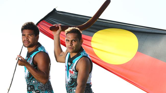 Port Adelaide indigenous players Jake Neade and Dom Barry ahead of this weekend’s Sir Doug Nicholls Indigenous Round. Picture: Tait Schmaal