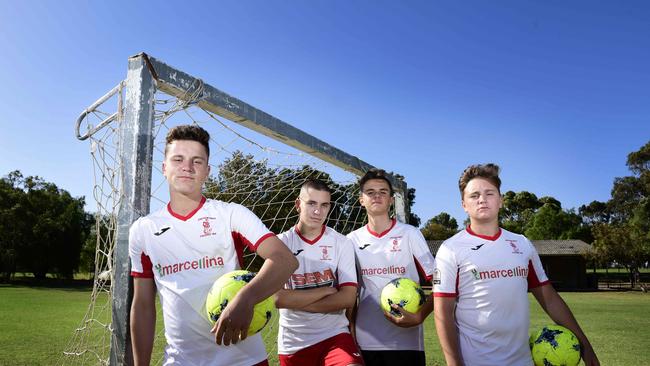 1 Croydon Kings junior soccer players Luca Bernardi, Danny Haracic, Jake Bernardi and Christian Brazzale at Regency Oval, Regency Park. The club has had to turn kids away because of a lack of facilities.. Picture: Bianca De Marchi