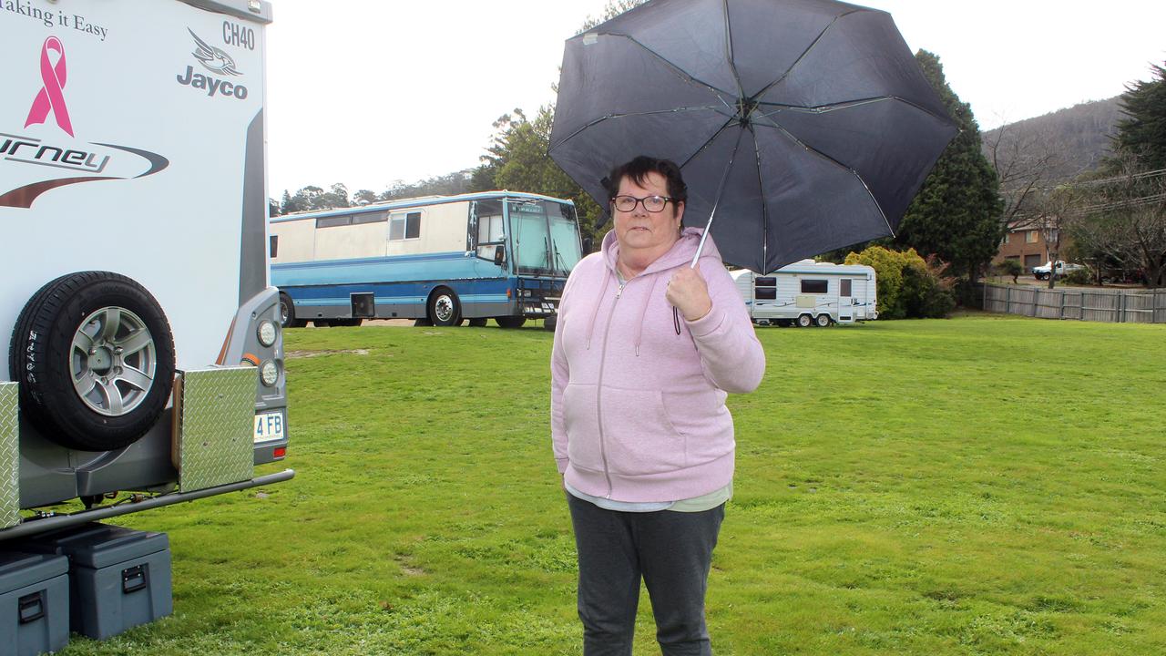 Noeleen Brett at Boyer Oval, New Norfolk, after being evacuated from the New Norfolk Caravan Park due to flooding. Picture: Damian Bester/New Norfolk News