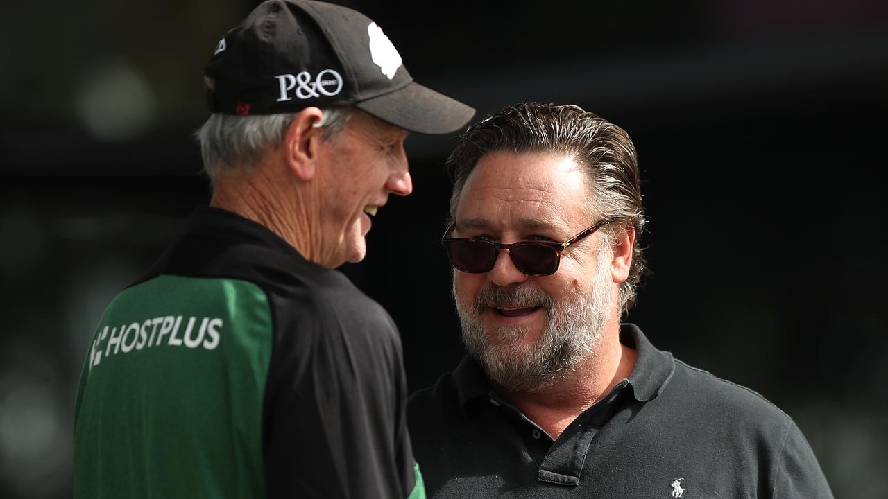 Russell Crowe talks with South Sydney coach Wayne Bennett during South Sydney training at Redfern Oval ahead of their finals match against the Sydney Roosters. Picture: Brett Costello