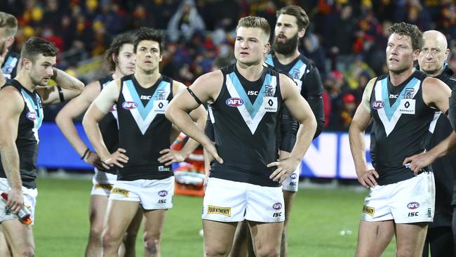 FROM THE ASHES. Port Adelaide’s players have responded with three consecutive wins after the Showdown 43 disaster against Adelaide. The derby debacle has highlighted the resilience of the Power football program leading to the club’s first AFL finals series since 2014. Picture: Sarah Reed