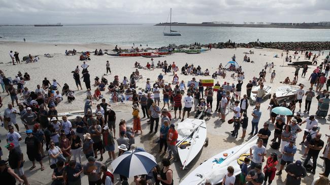 Hundreds of people gathered at Yarra Bay earlier this month to protest the proposal. Picture: David Swift