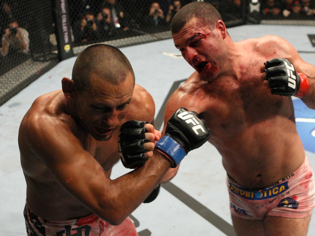 Dan Henderson (L) and Shogun Rua (R) both started the fight with white shorts. Picture: Josh Getty Images