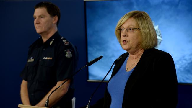 Police Minister Lisa Neville and Victoria Police Chief Commissioner Shane Patton address the media on Thursday. Picture: NCA NewsWire / Andrew Henshaw