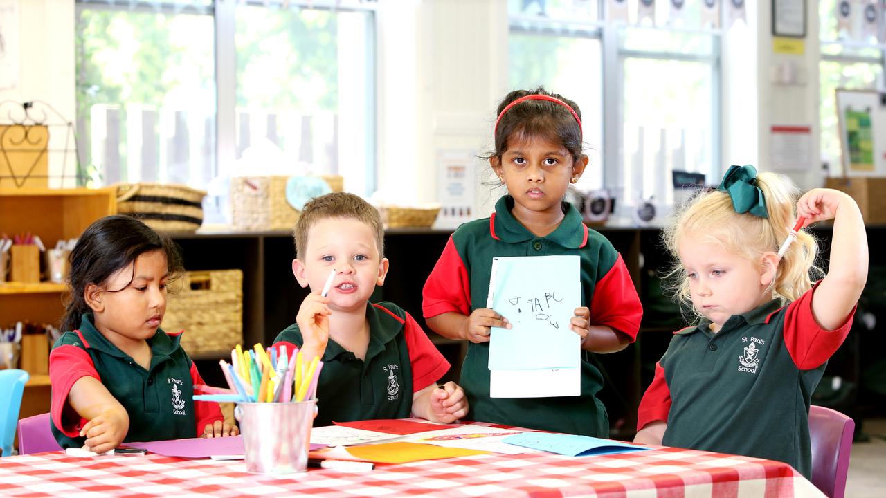 Ariah, Thomas, Zaira and Isobel, all four years old, working on boosting memory, hand eye co-ordination and fine motor schools with some drawing and writing. Picture: Steve Pohlner