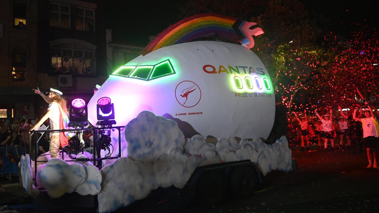 The Qantas float at Sydney’s 2024 Mardi Gras Parade featured Mr Davies’ name on the float as it travelled down Oxford St. Picture: NCA NewsWire / Jeremy Piper